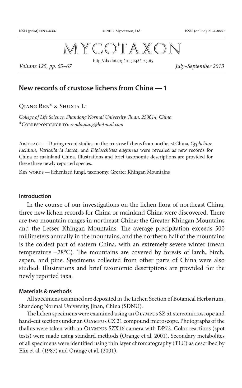 New Records of Crustose Lichens from China ÂŠ 1