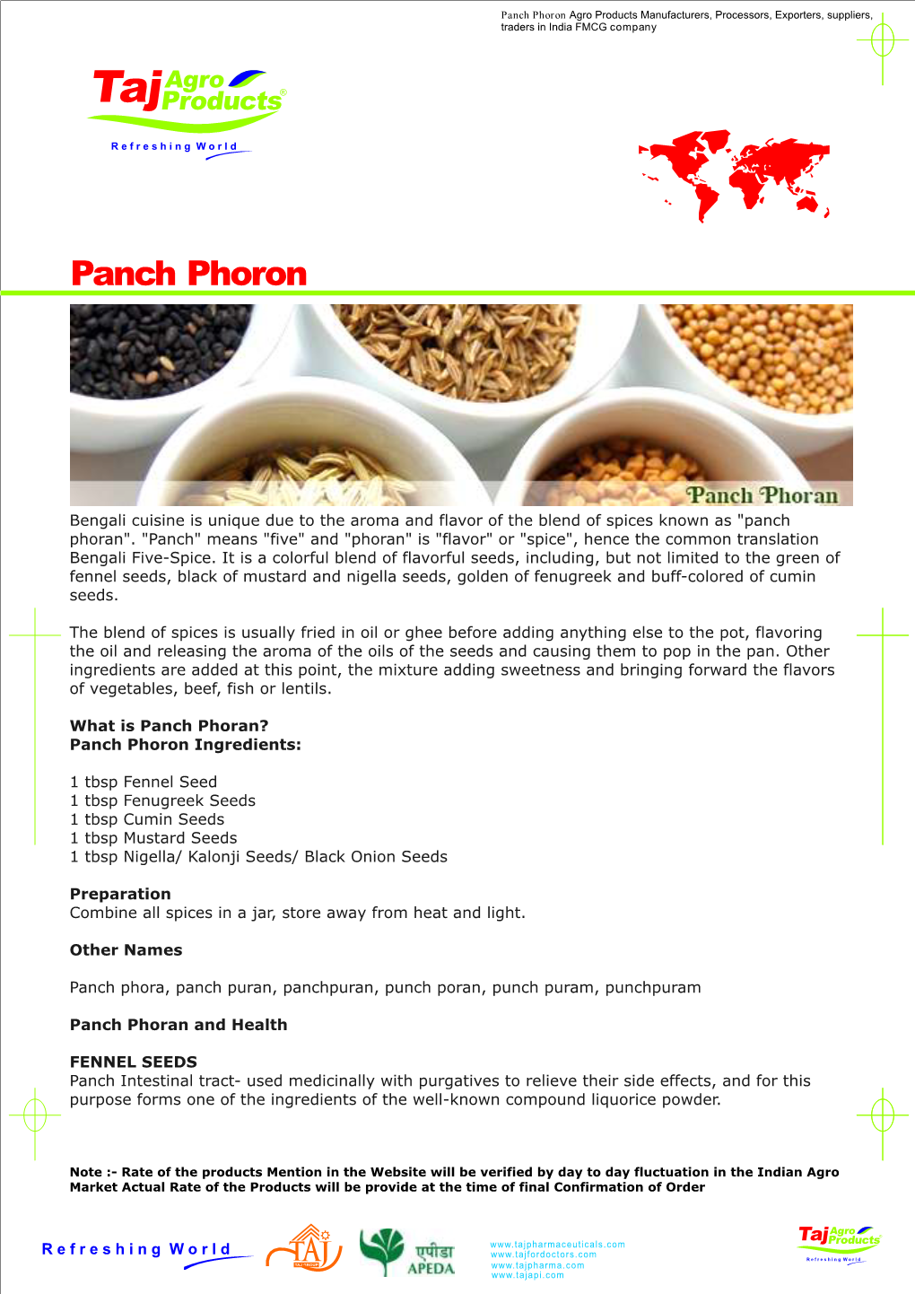 Panch Phoron Agro Products Manufacturers, Processors, Exporters, Suppliers, Traders in India FMCG Company Taj Agro Products®