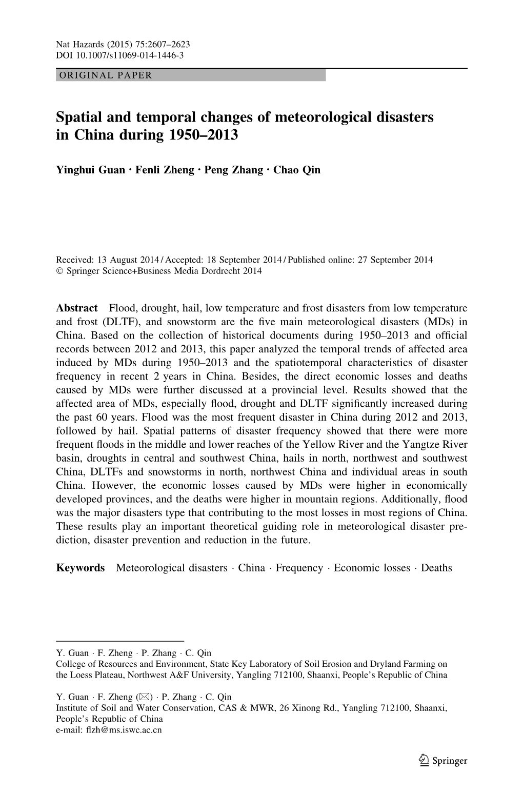 Spatial and Temporal Changes of Meteorological Disasters in China During 1950–2013