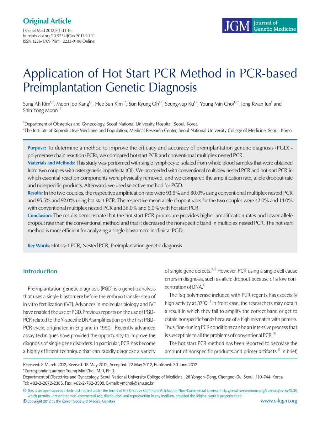 Application of Hot Start PCR Method in PCR-Based Preimplantation Genetic Diagnosis