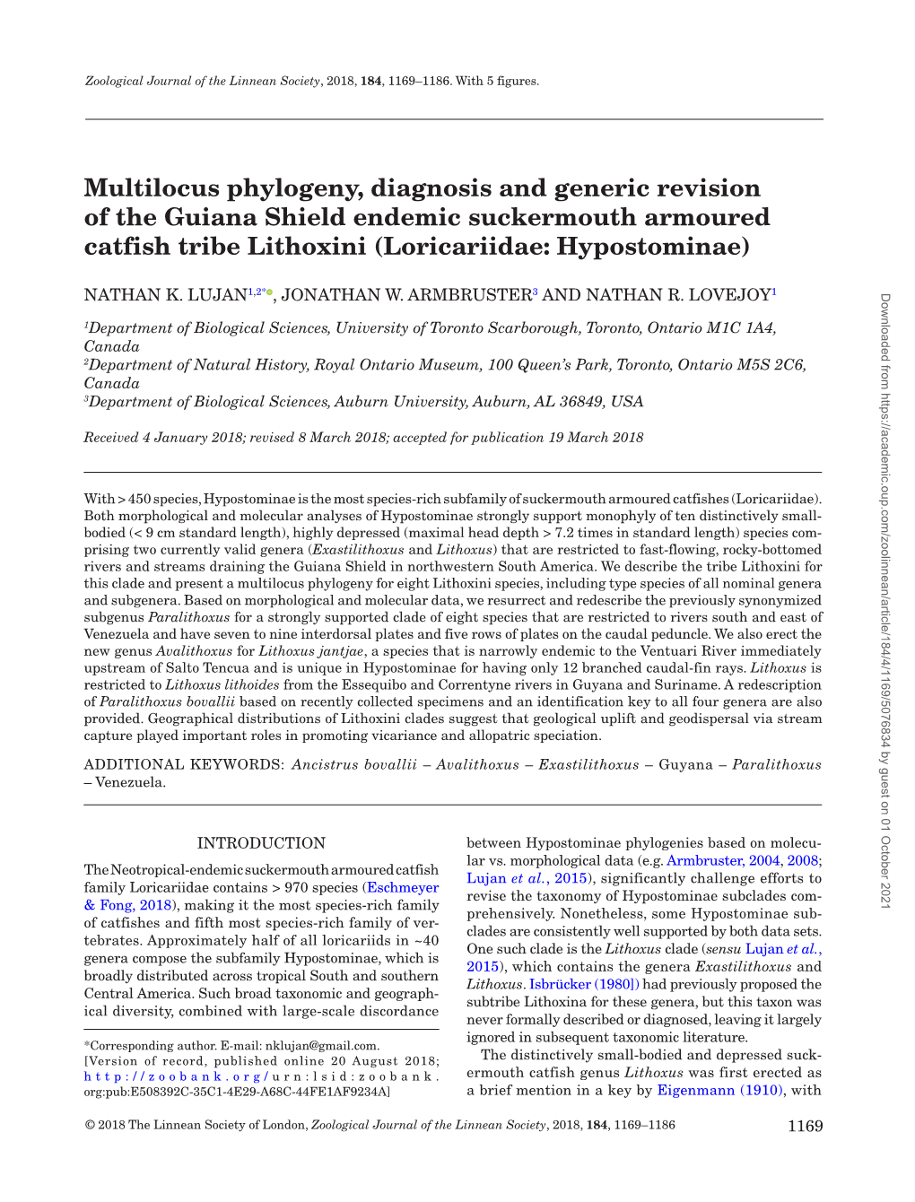 Multilocus Phylogeny, Diagnosis and Generic Revision of the Guiana Shield Endemic Suckermouth Armoured Catfish Tribe Lithoxini (Loricariidae: Hypostominae)