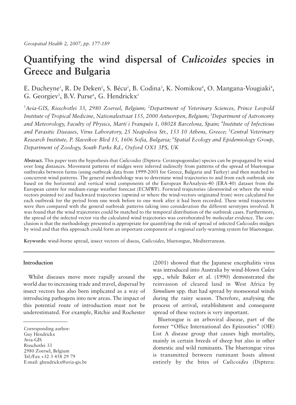 Quantifying the Wind Dispersal of Culicoides Species in Greece and Bulgaria