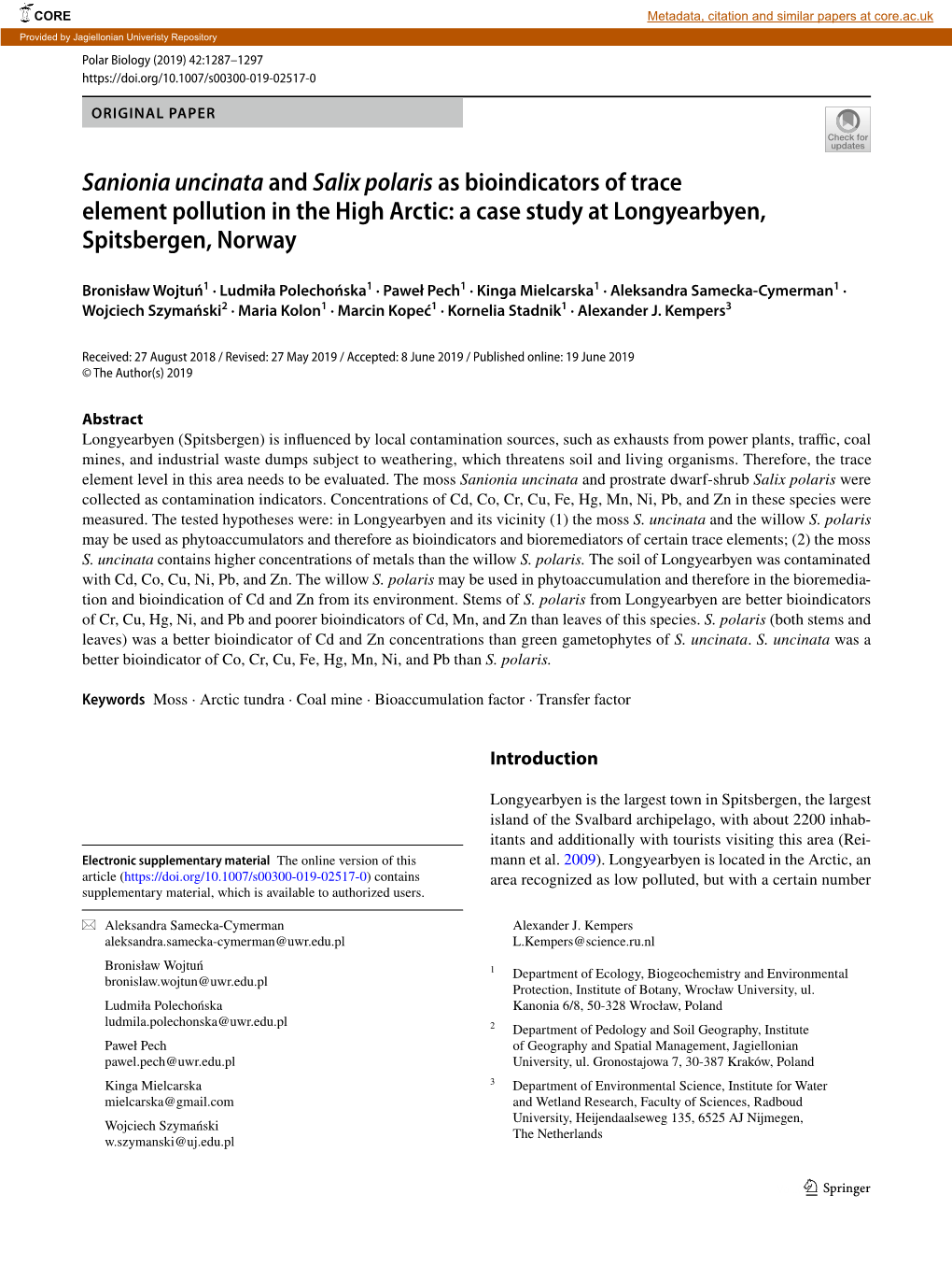 Sanionia Uncinata and Salix Polaris As Bioindicators of Trace Element Pollution in the High Arctic: a Case Study at Longyearbyen, Spitsbergen, Norway