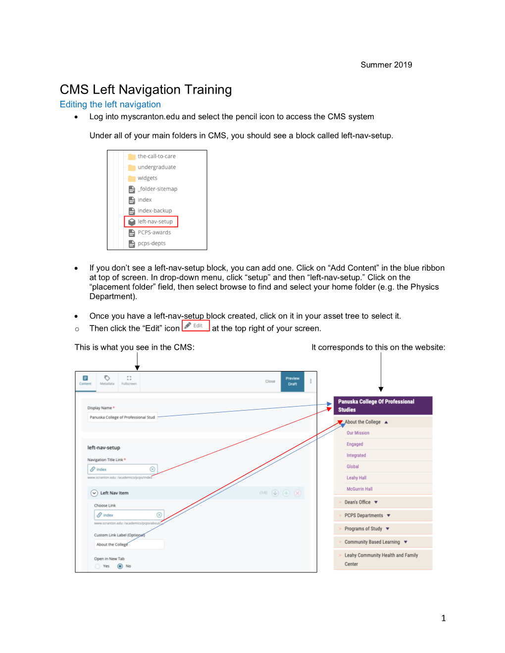 CMS Left Navigation Training Editing the Left Navigation • Log Into Myscranton.Edu and Select the Pencil Icon to Access the CMS System