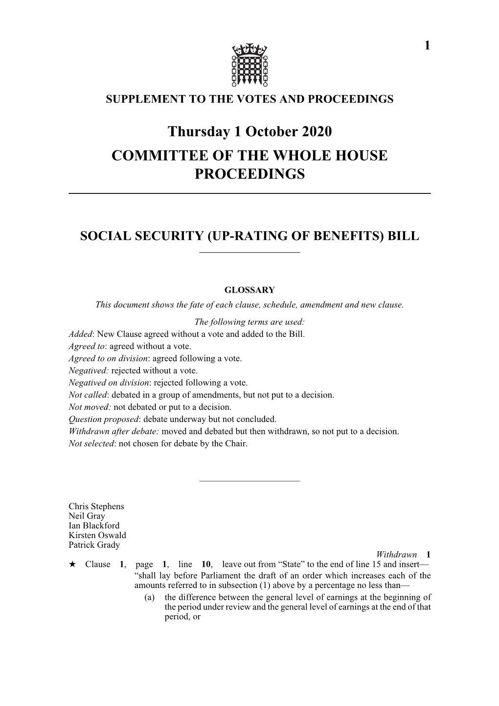 Thursday 1 October 2020 COMMITTEE of the WHOLE HOUSE PROCEEDINGS