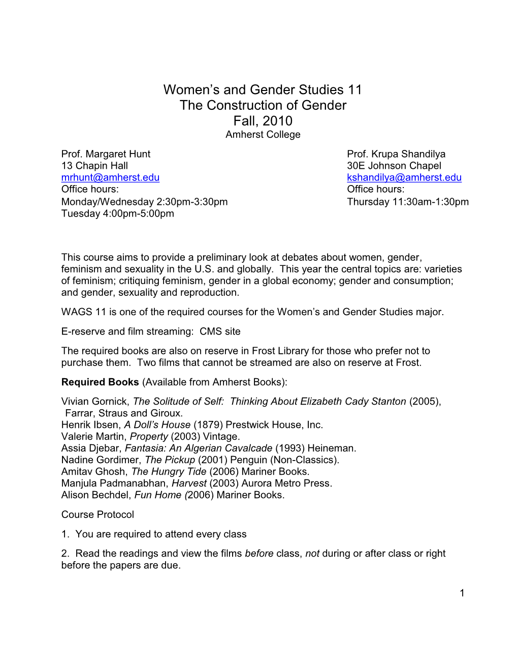 Women‟S and Gender Studies 11 the Construction of Gender Fall, 2010 Amherst College