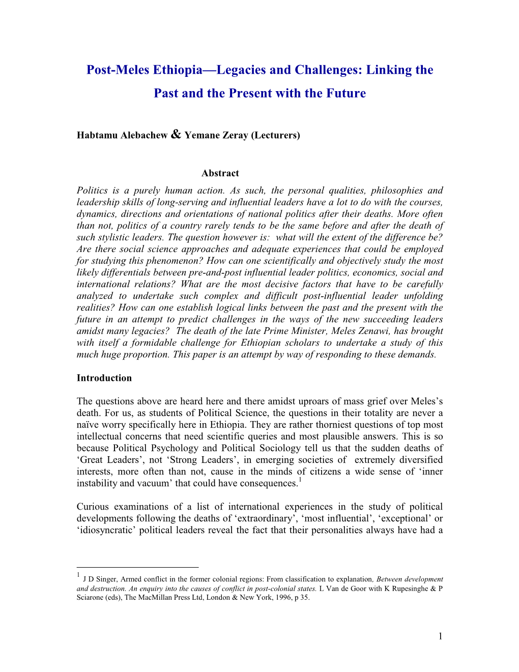 Post-Meles Ethiopia Legacies and Challenges: Linking the Past