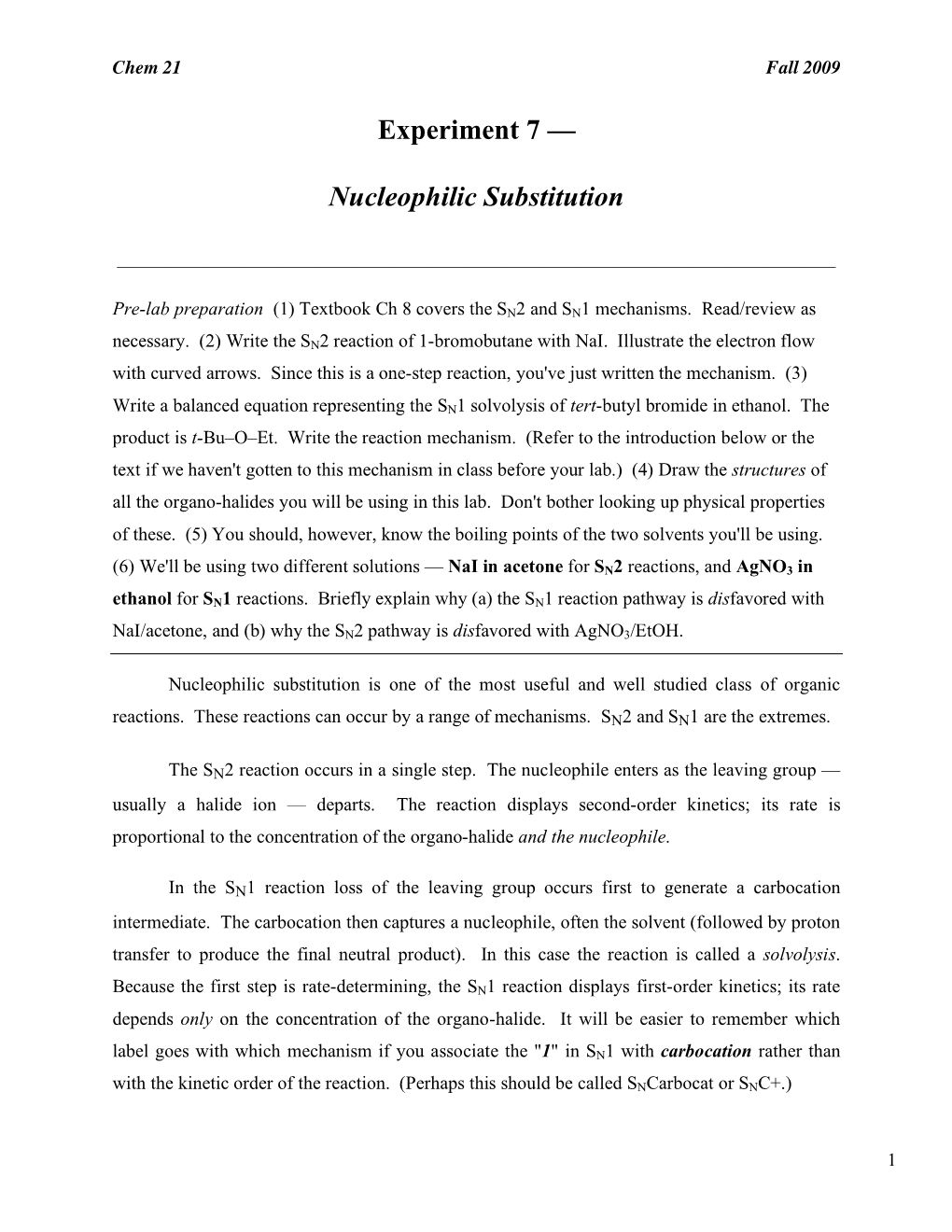 Experiment 7 — Nucleophilic Substitution