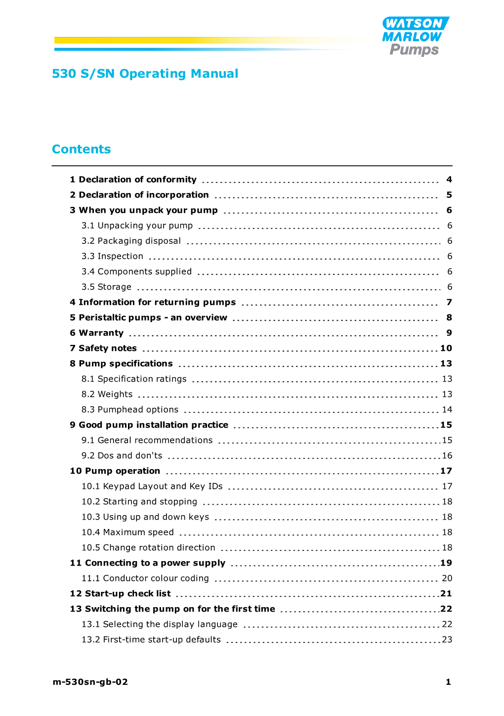 Operating Manual for 530S SN Pumps