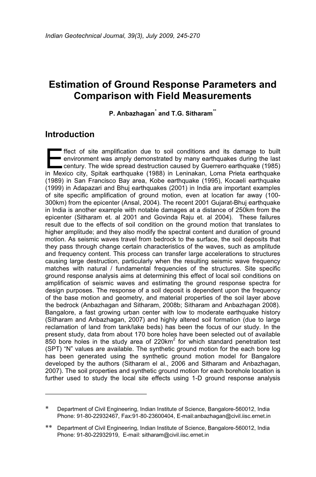 Estimation of Ground Response Parameters and Comparison with Field Measurements