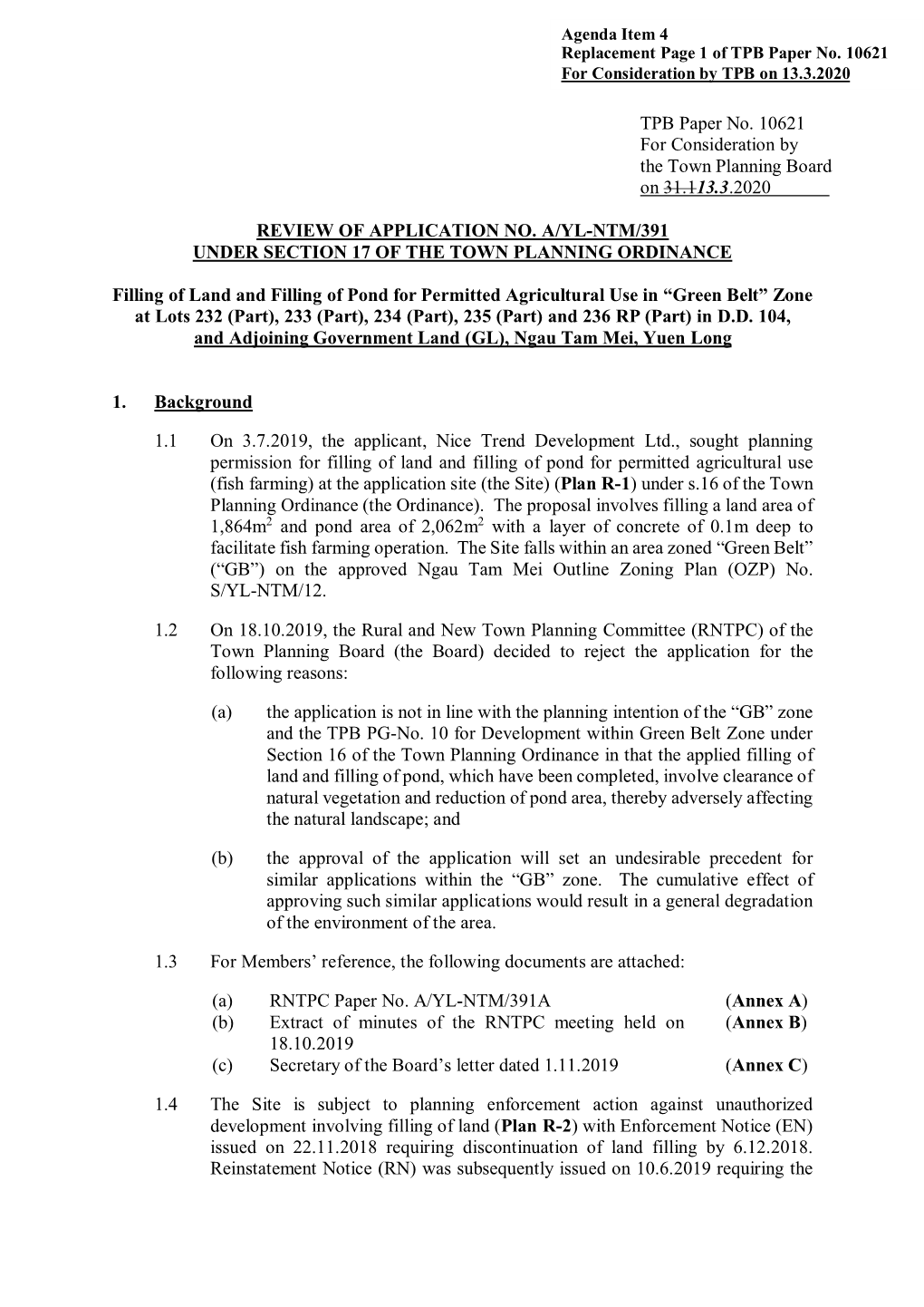 TPB Paper No. 10621 for Consideration by the Town Planning Board on 31.113.3.2020