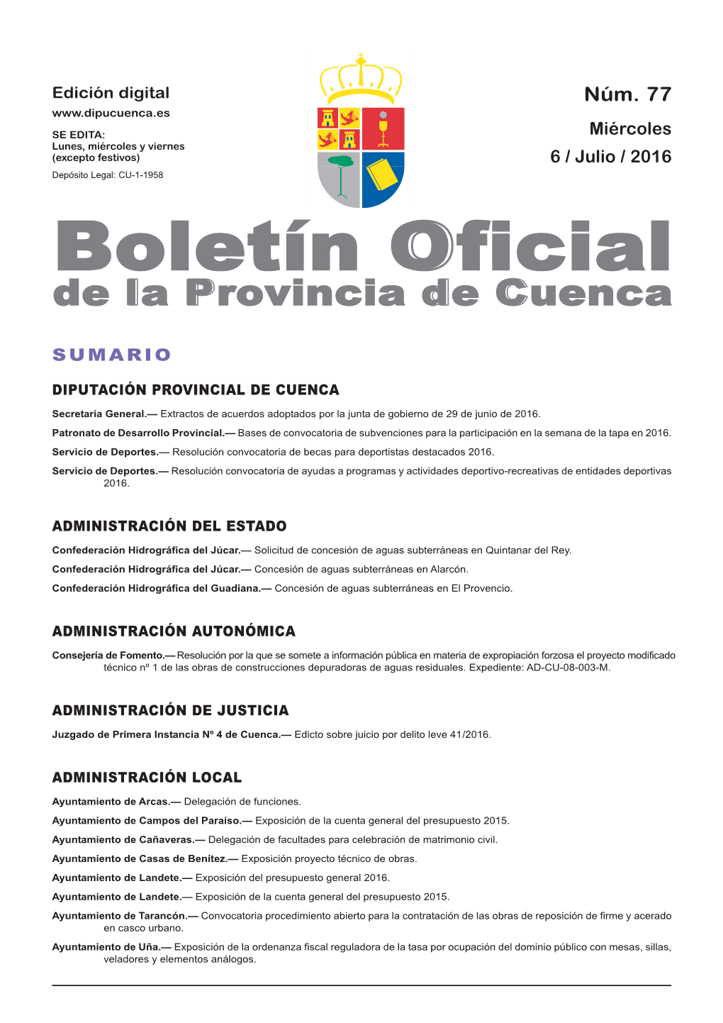 Boletín Oficial De La Provincia De Cuenca Sumario Diputación Provincial De Cuenca