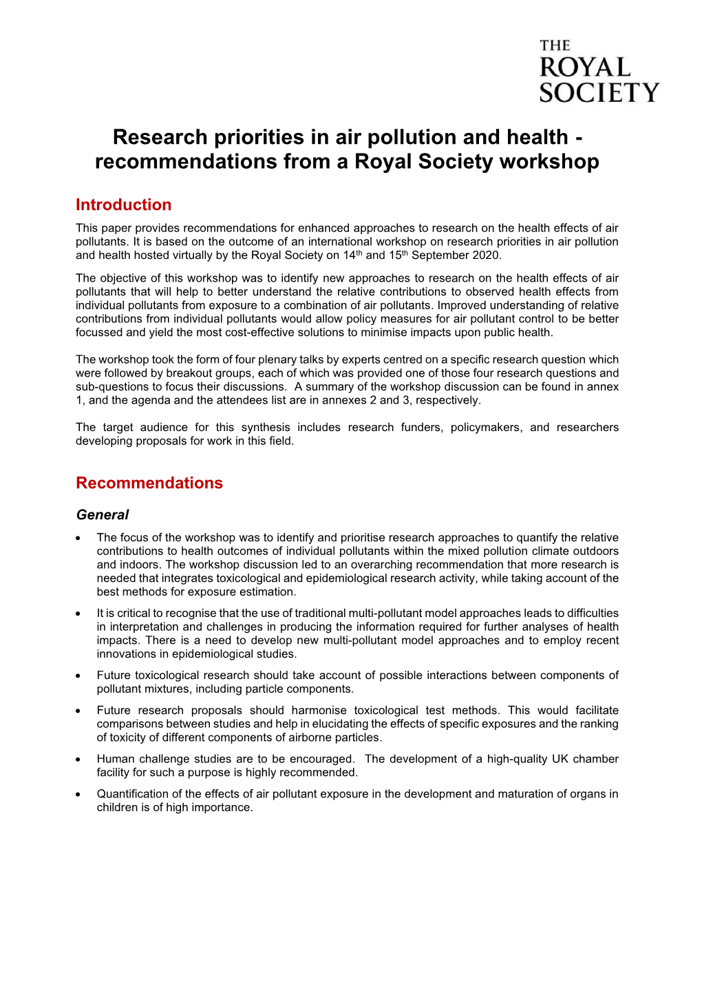 Research Priorities in Air Pollution and Health - Recommendations from a Royal Society Workshop
