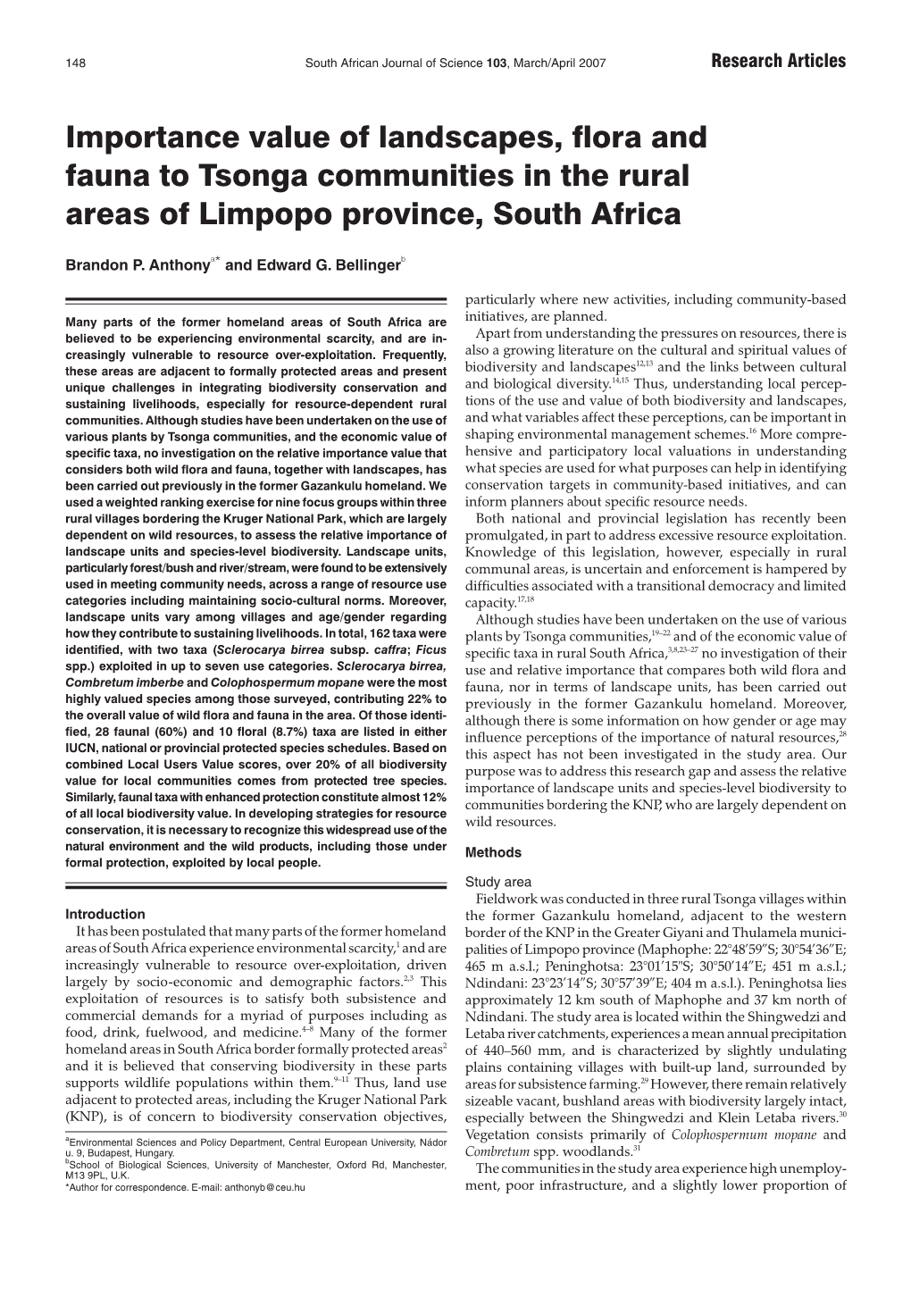 Importance Value of Landscapes, Flora and Fauna to Tsonga Communities in the Rural Areas of Limpopo Province, South Africa