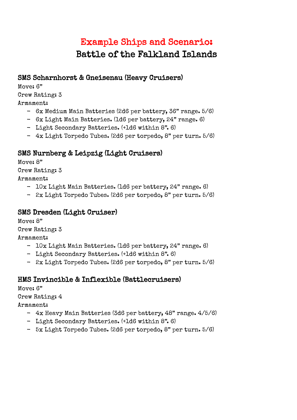 Example Ships and Scenario: Battle of the Falkland Islands