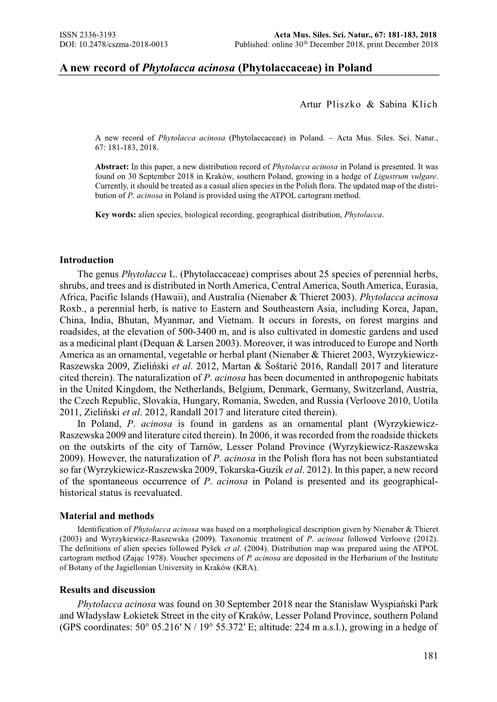 A New Record of Phytolacca Acinosa (Phytolaccaceae) in Poland