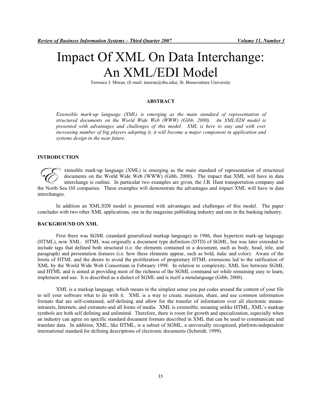 Impact of XML on Data Interchange: an XML/EDI Model Terrence J