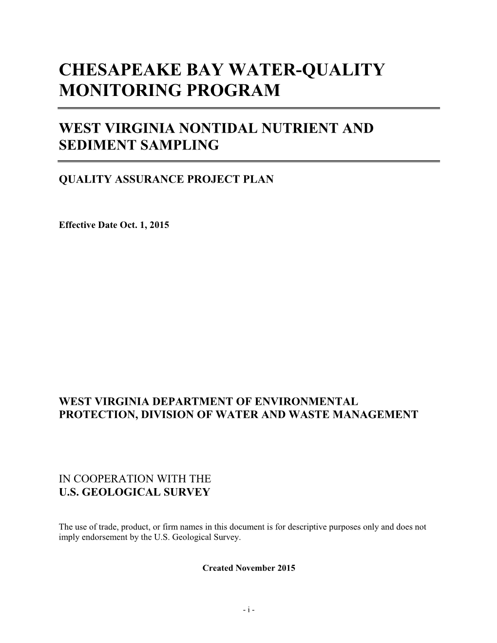 West Virginia USGS Nontidal Monitoring QA Project Plan