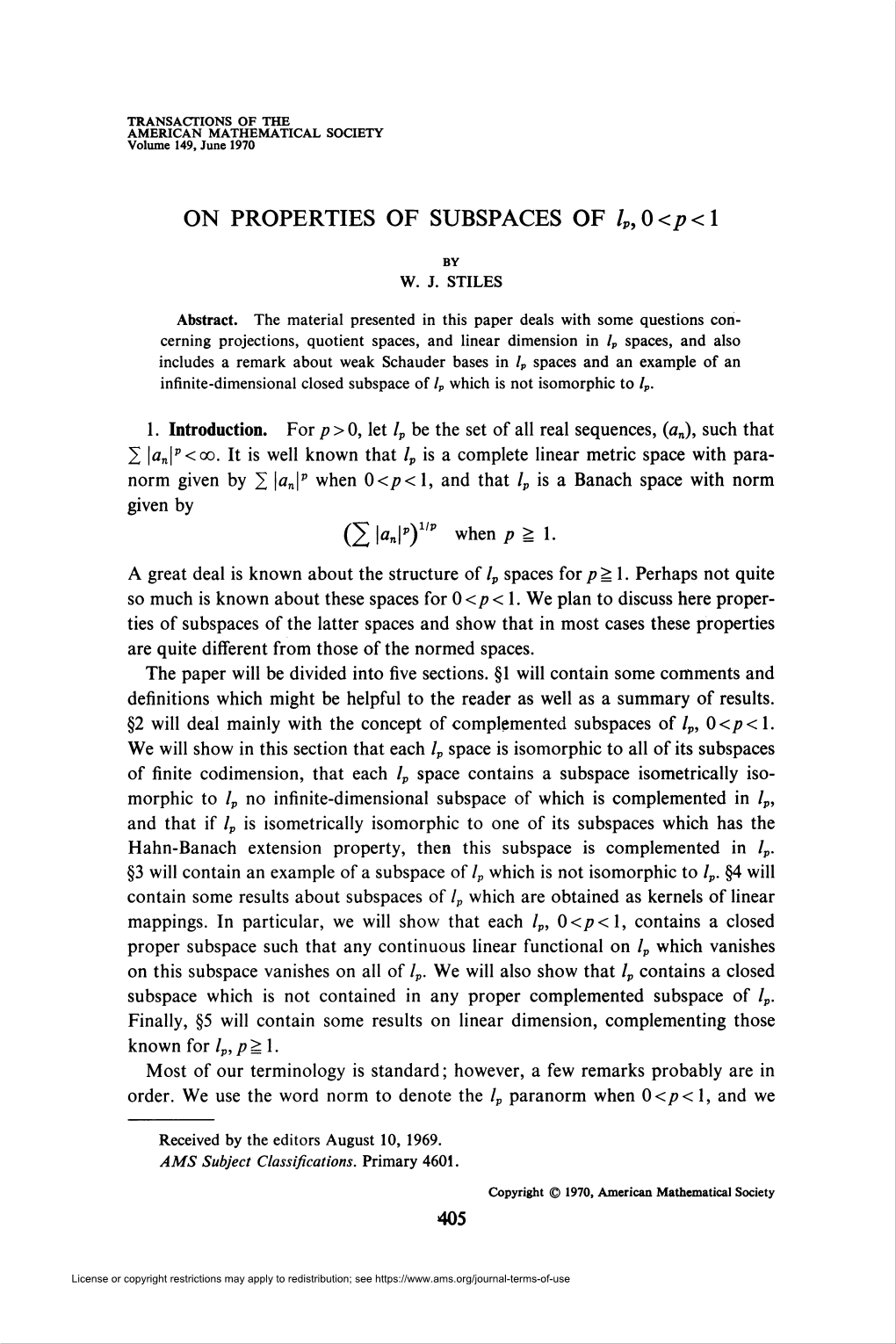 ON PROPERTIES of SUBSPACES of L»0&lt;P&lt;L