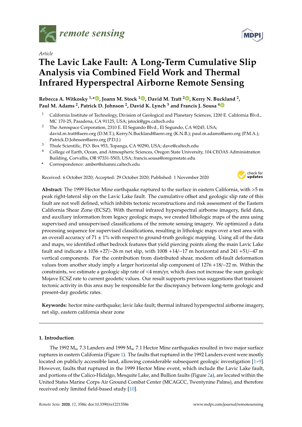 The Lavic Lake Fault: a Long-Term Cumulative Slip Analysis Via Combined Field Work and Thermal Infrared Hyperspectral Airborne Remote Sensing