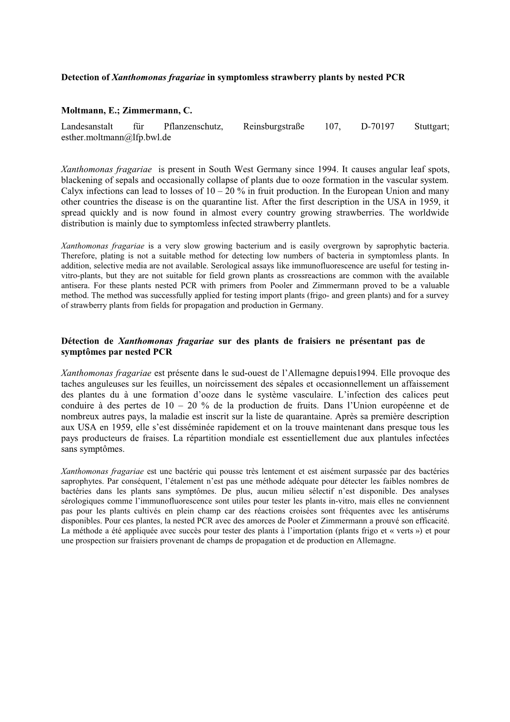 Detection of Xanthomonas Fragariae in Symptomless Strawberry Plants by Nested PCR