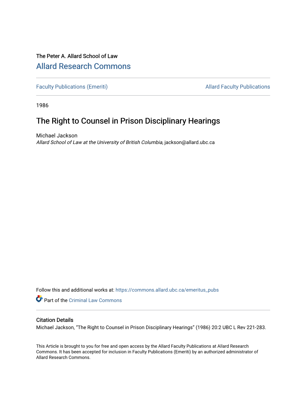 The Right to Counsel in Prison Disciplinary Hearings