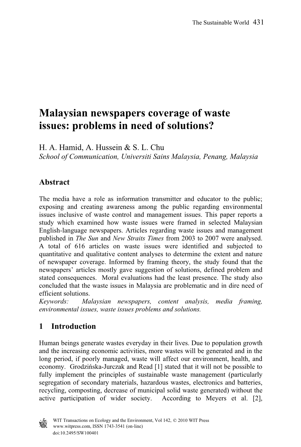 Malaysian Newspapers Coverage of Waste Issues: Problems in Need of Solutions?