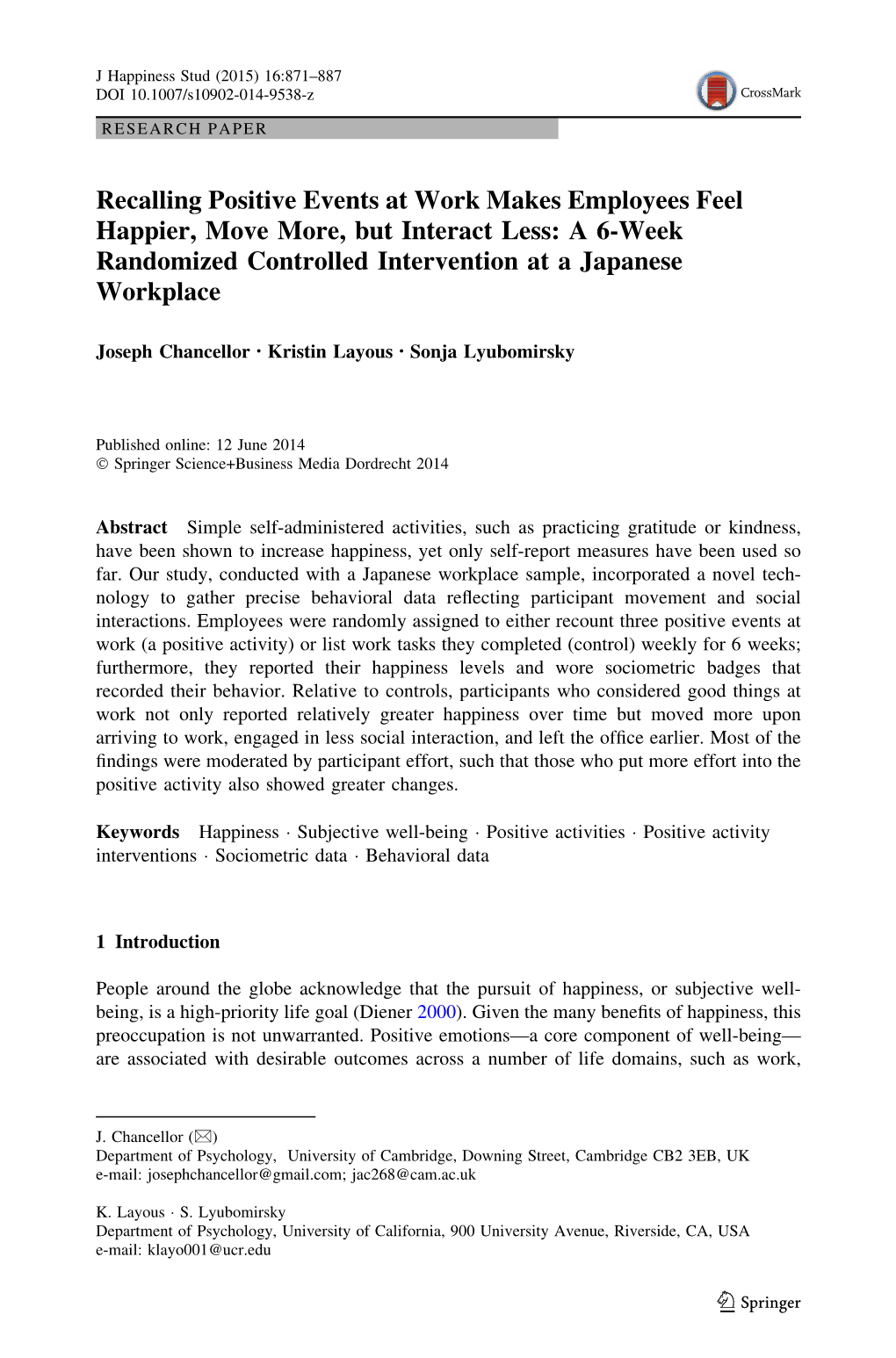 Recalling Positive Events at Work Makes Employees Feel Happier, Move More, but Interact Less: a 6-Week Randomized Controlled Intervention at a Japanese Workplace