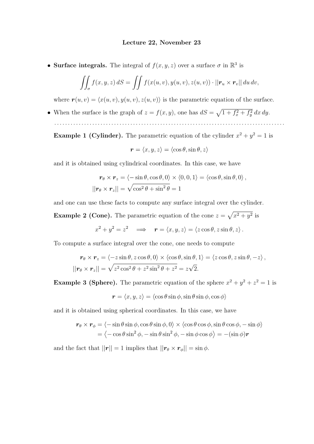 Lecture 22, November 23 • Surface Integrals. The