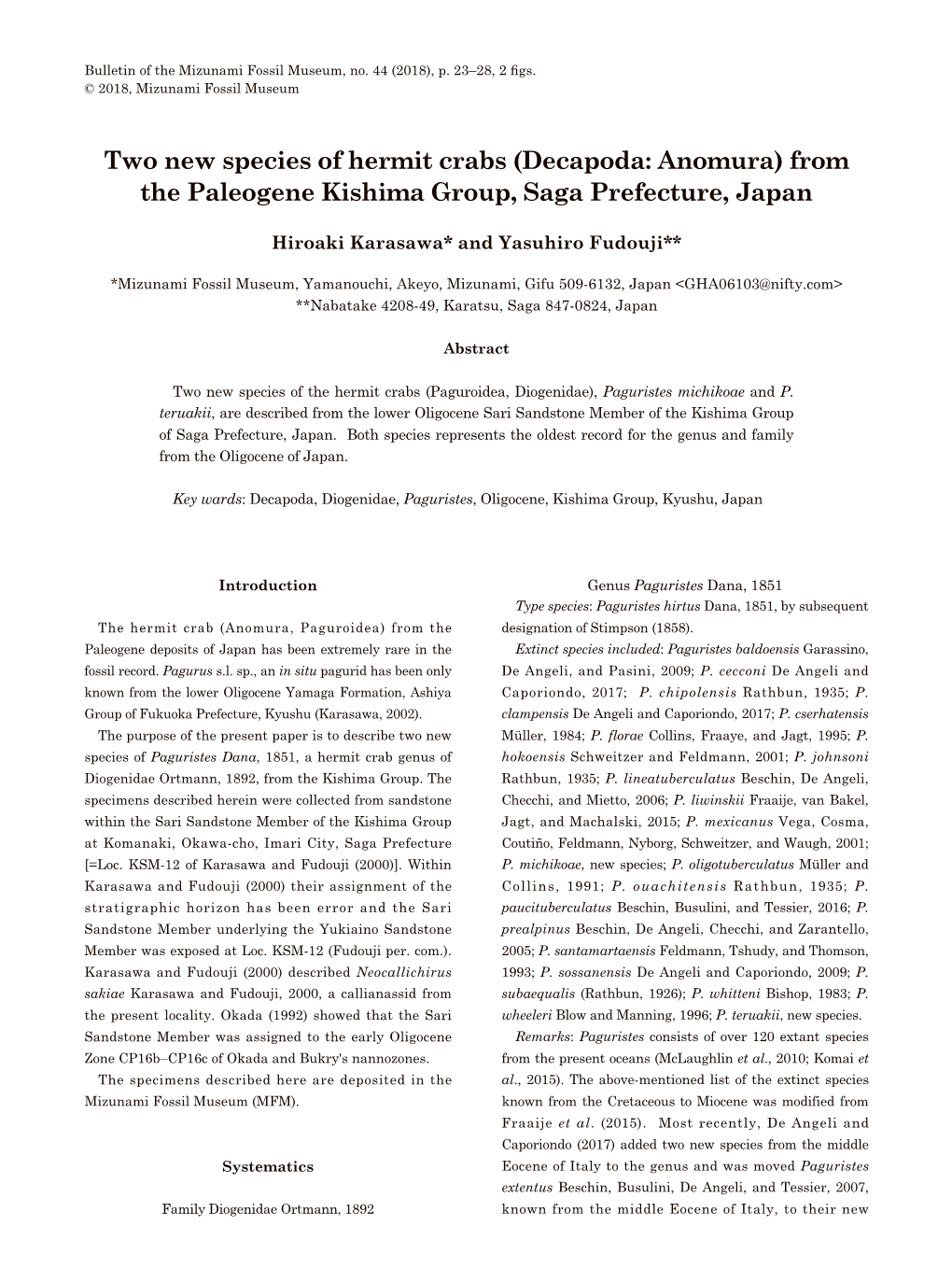 Two New Species of Hermit Crabs (Decapoda: Anomura) from the Paleogene Kishima Group, Saga Prefecture, Japan