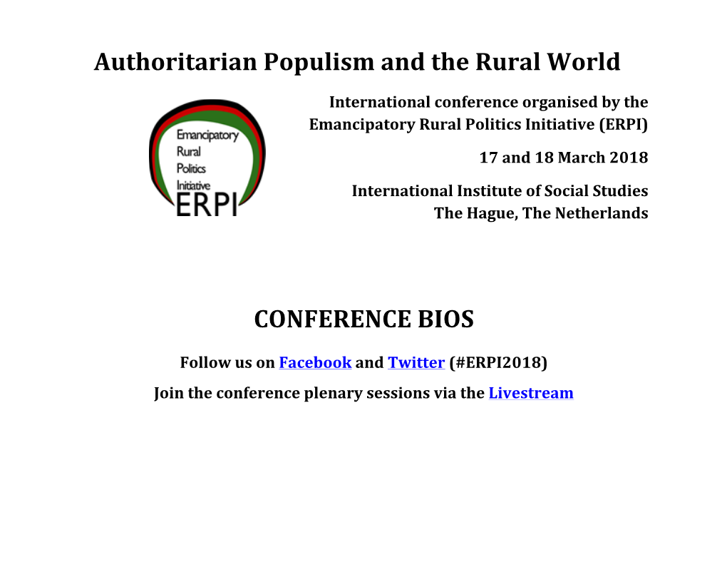 Authoritarian Populism and the Rural World CONFERENCE BIOS