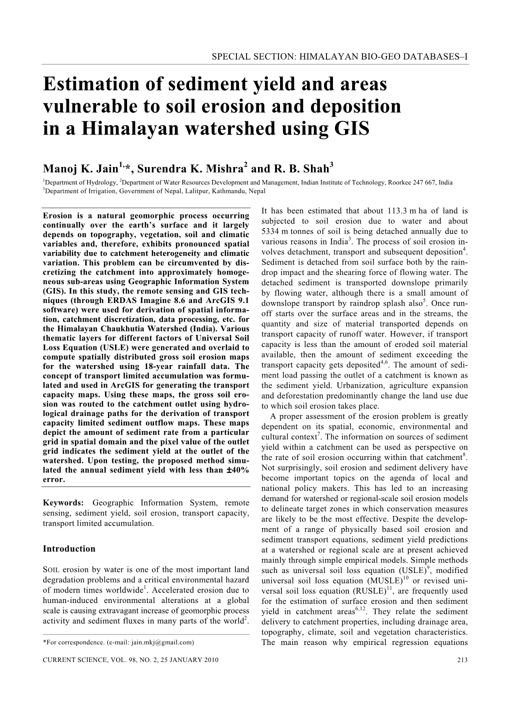 Estimation of Sediment Yield and Areas Vulnerable to Soil Erosion and Deposition in a Himalayan Watershed Using GIS