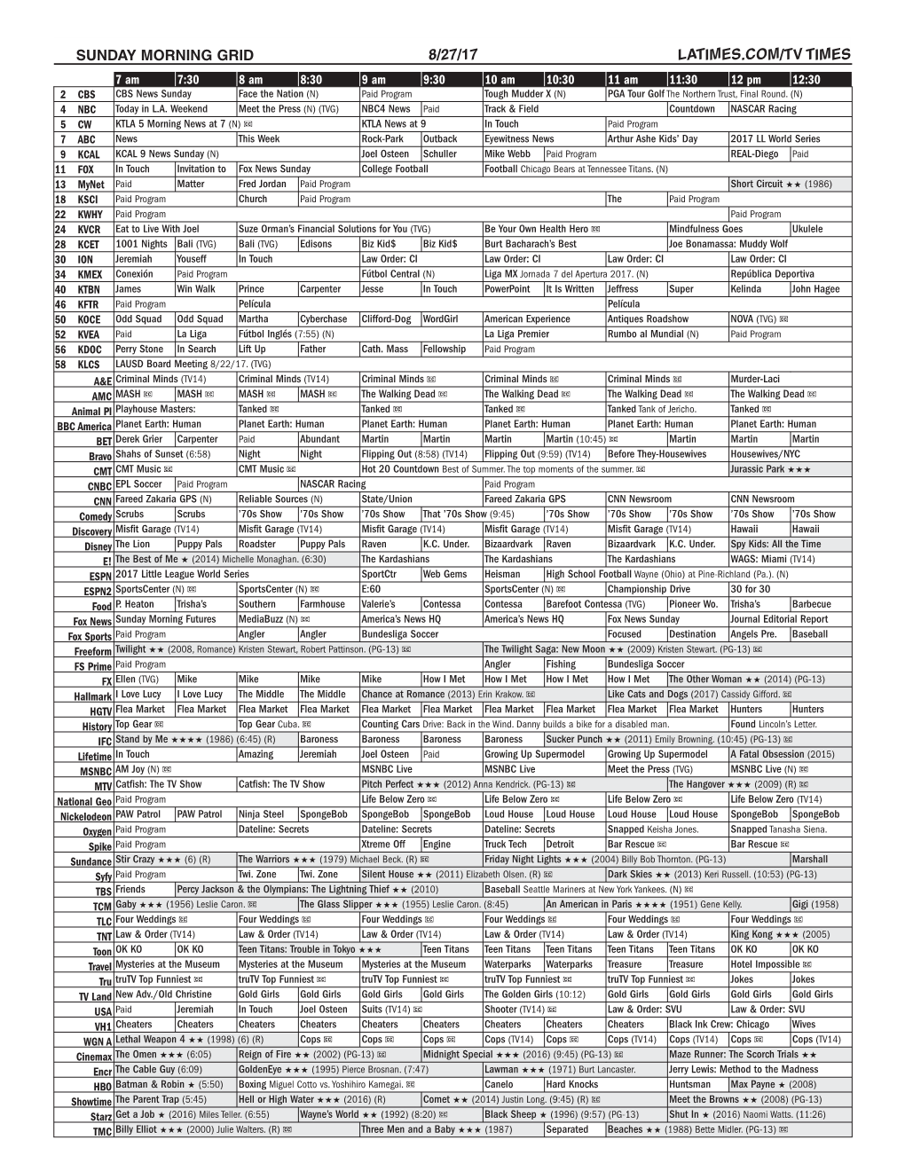 Sunday Morning Grid 8/27/17 Latimes.Com/Tv Times