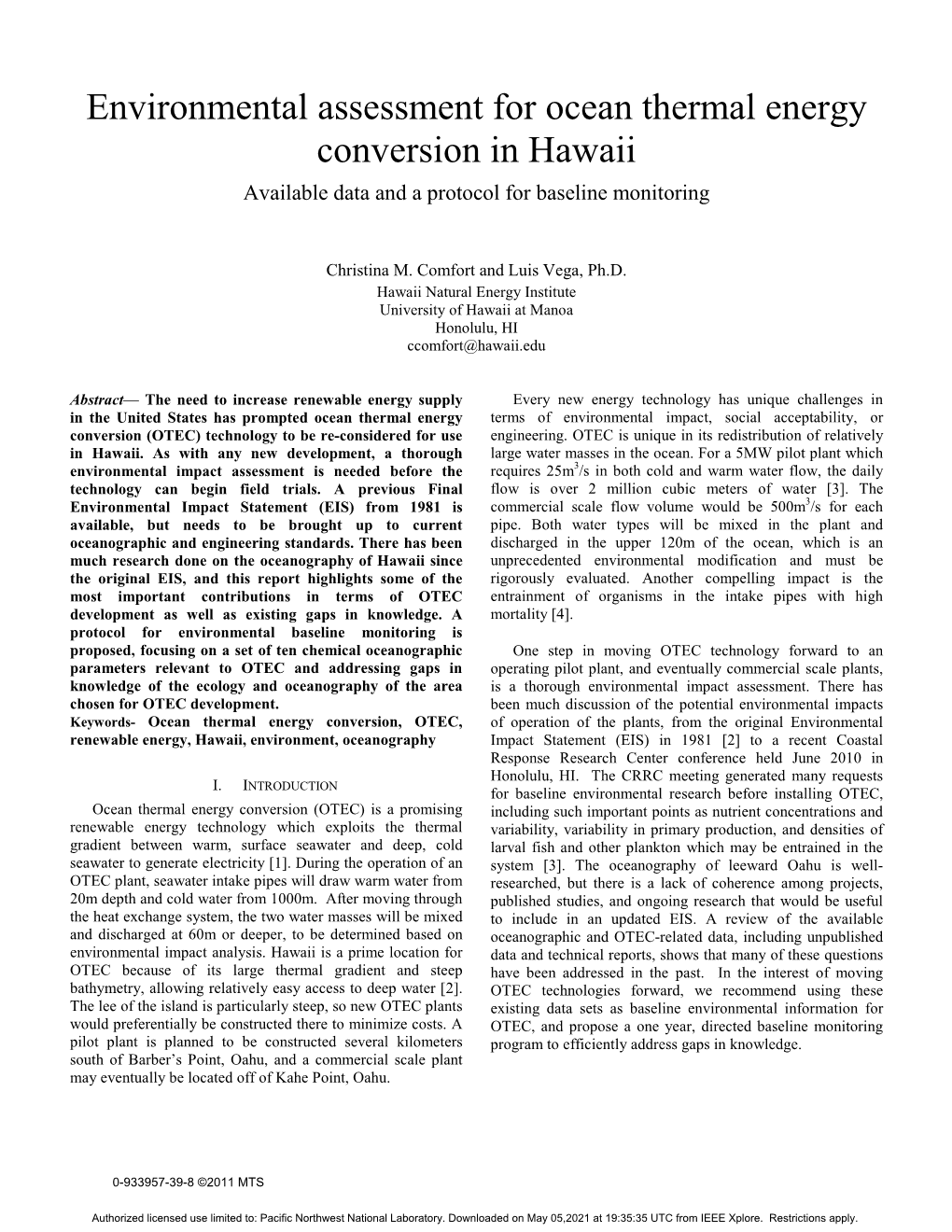 Environmental Assessment for Ocean Thermal Energy Conversion in Hawaii Available Data and a Protocol for Baseline Monitoring
