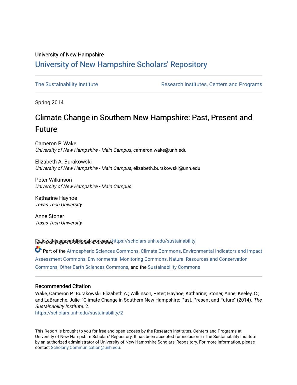 Climate Change in Southern New Hampshire: Past, Present and Future