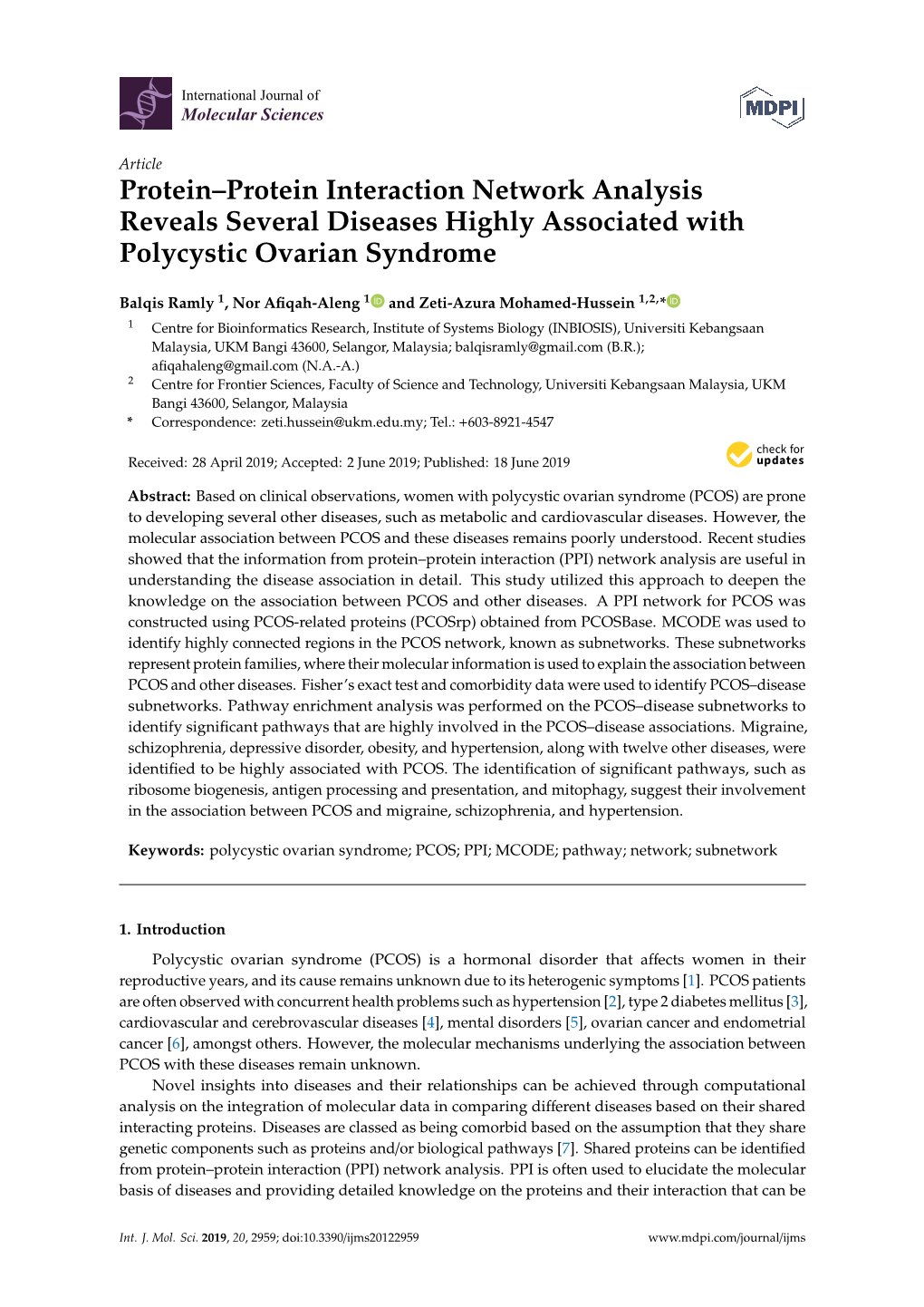 Protein–Protein Interaction Network Analysis Reveals Several Diseases Highly Associated with Polycystic Ovarian Syndrome