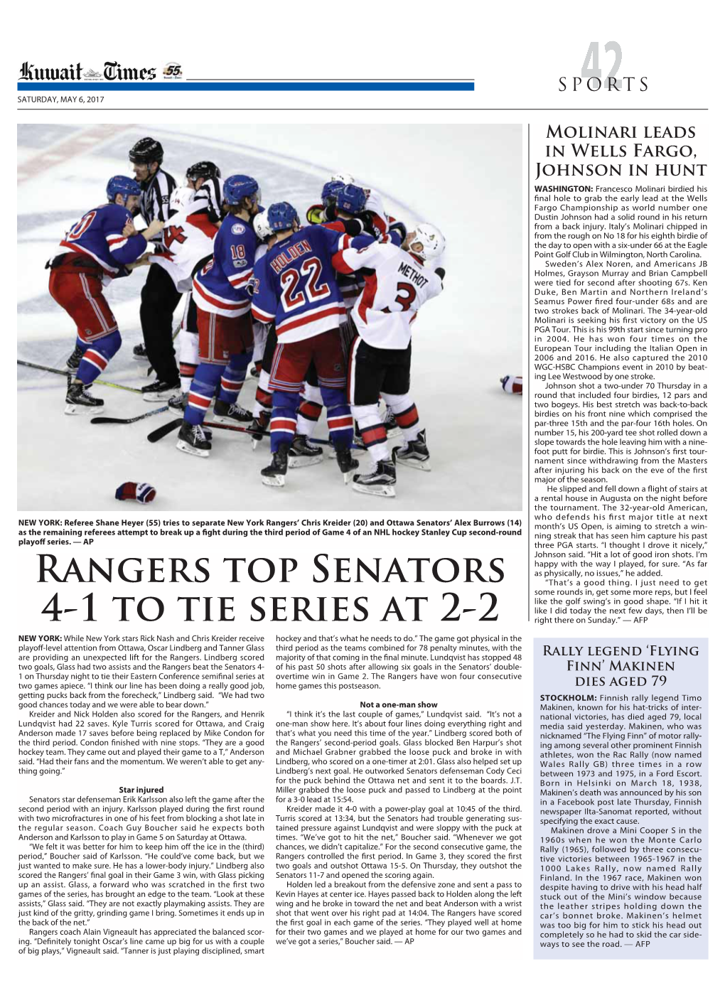 Rangers Top Senators 4-1 to Tie Series At