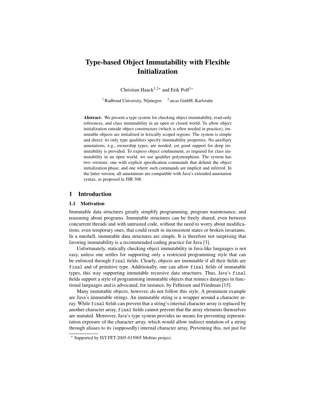 Type-Based Object Immutability with Flexible Initialization