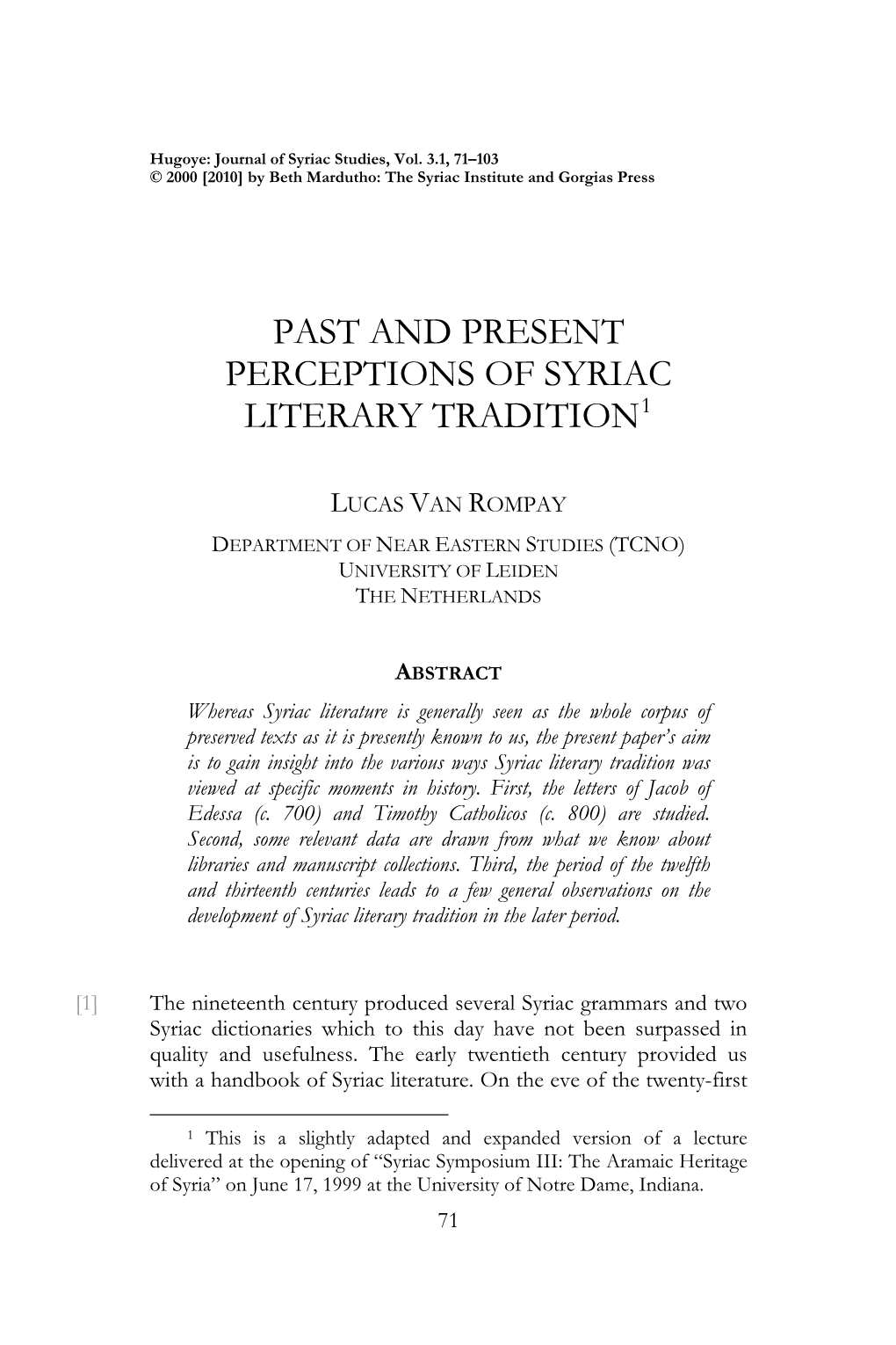 Past and Present Perceptions of Syriac Literary Tradition1