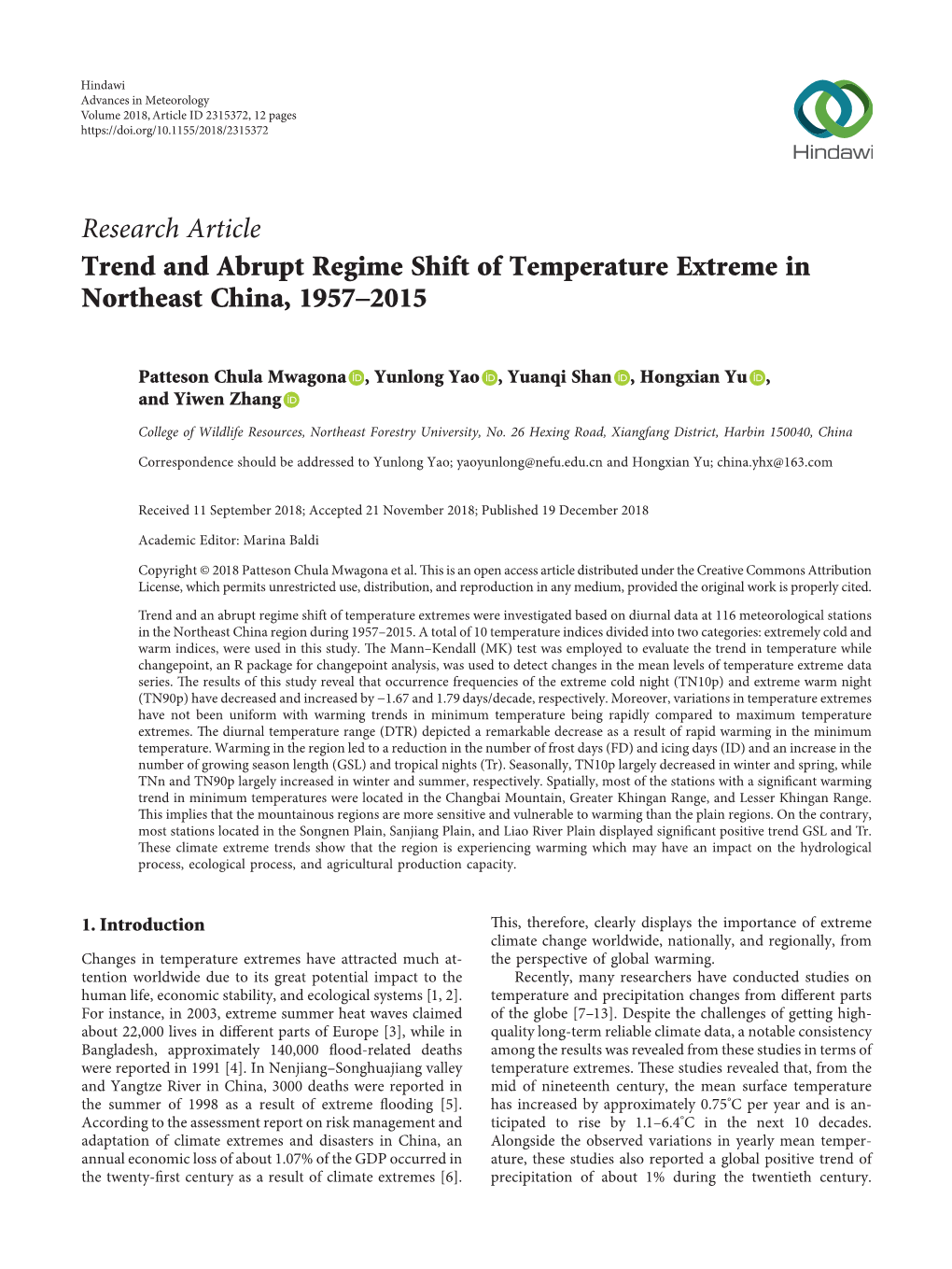 Trend and Abrupt Regime Shift of Temperature Extreme in Northeast China, 1957–2015