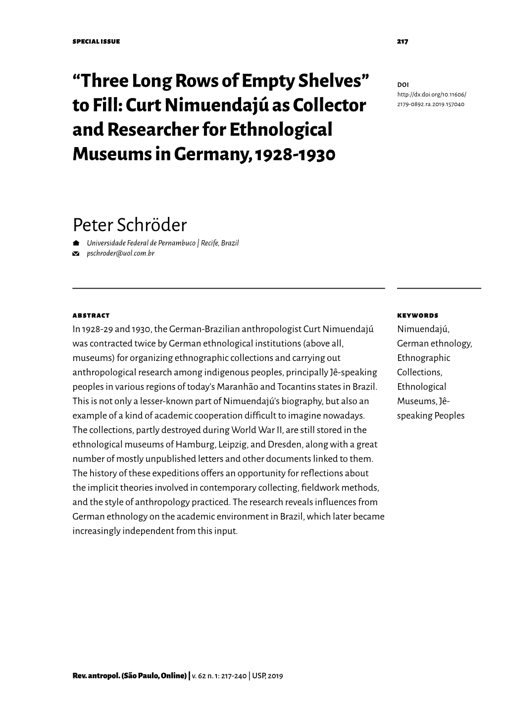 “Three Long Rows of Empty Shelves” to Fill: Curt Nimuendajú As Collector and Researcher for Ethnological Museums in Germany