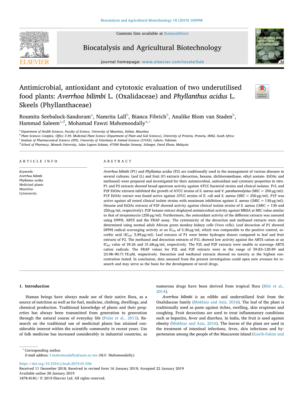 Antimicrobial, Antioxidant and Cytotoxic Evaluation of Two Underutilised Food Plants: Averrhoa Bilimbi L