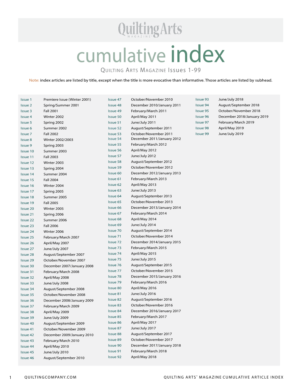 Cumulative Index Quilting Arts Magazine Issues 1-99