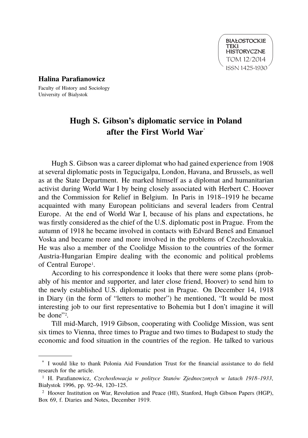 Hugh S. Gibson's Diplomatic Service in Poland After the First World War*