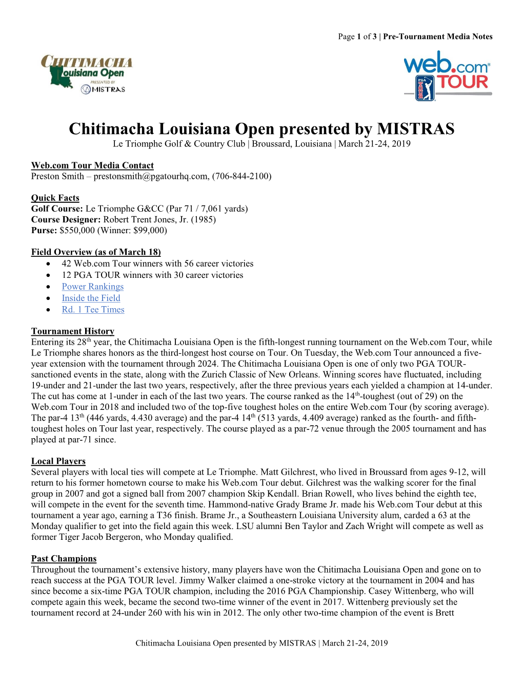 Chitimacha Louisiana Open Presented by MISTRAS Le Triomphe Golf & Country Club | Broussard, Louisiana | March 21-24, 2019