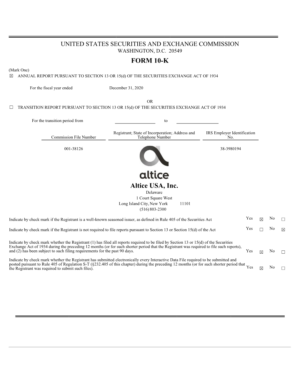 FORM 10-K Altice USA, Inc