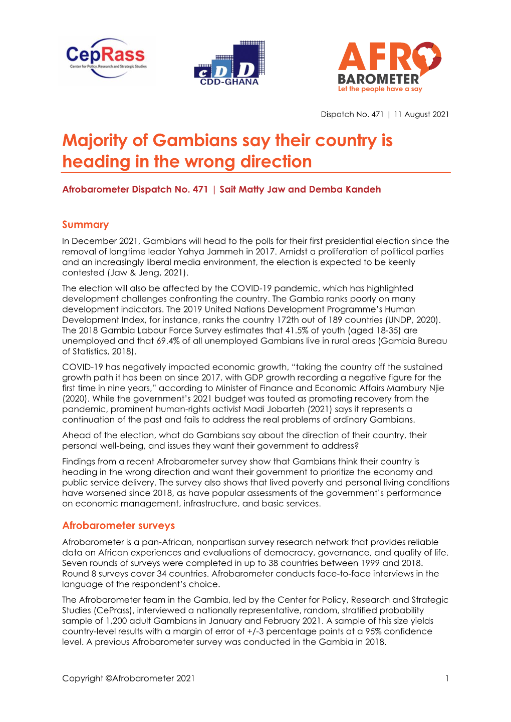 Majority of Gambians Say Their Country Is Heading in the Wrong Direction