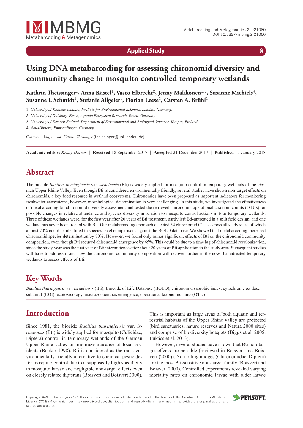 Using DNA Metabarcoding for Assessing Chironomid Diversity and Community Change in Mosquito Controlled Temporary Wetlands