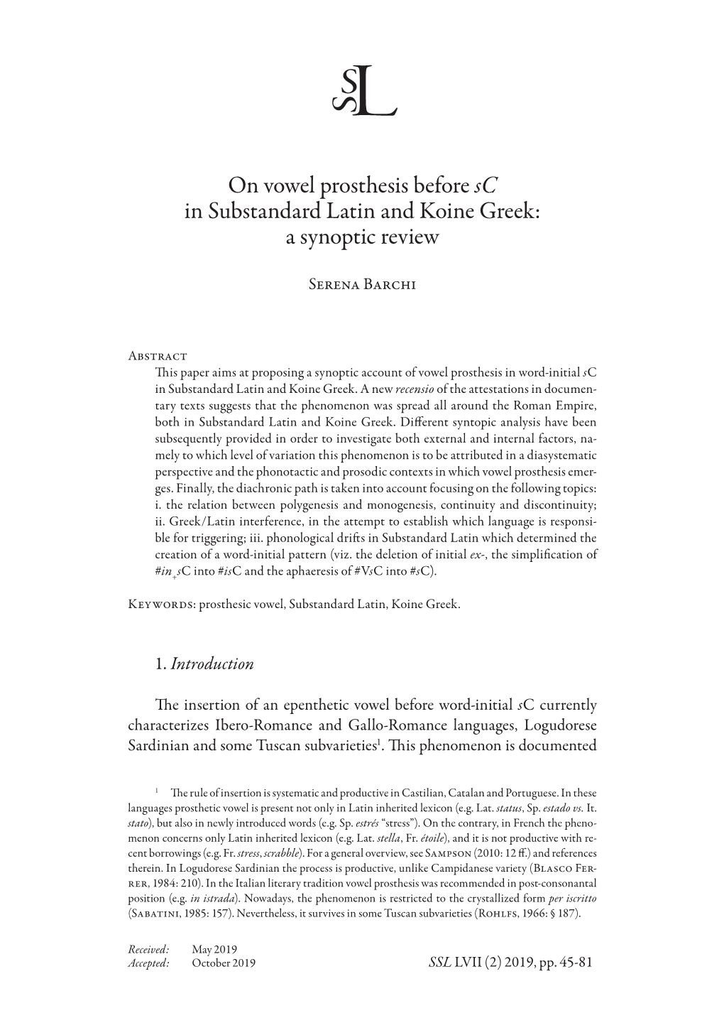 On Vowel Prosthesis Before Sc in Substandard Latin and Koine Greek: a Synoptic Review