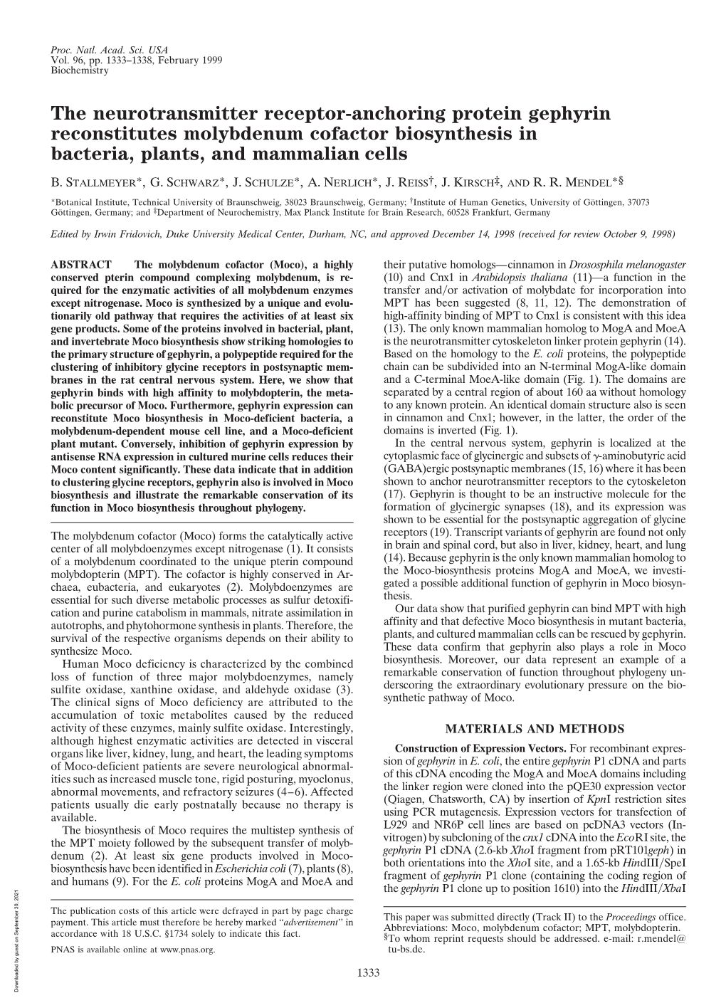 The Neurotransmitter Receptor-Anchoring Protein Gephyrin Reconstitutes Molybdenum Cofactor Biosynthesis in Bacteria, Plants, and Mammalian Cells